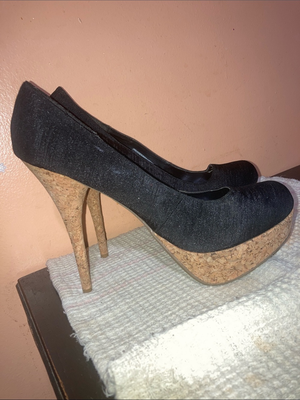 Club couture Black Fabric Platform Pumps with Cork Heel